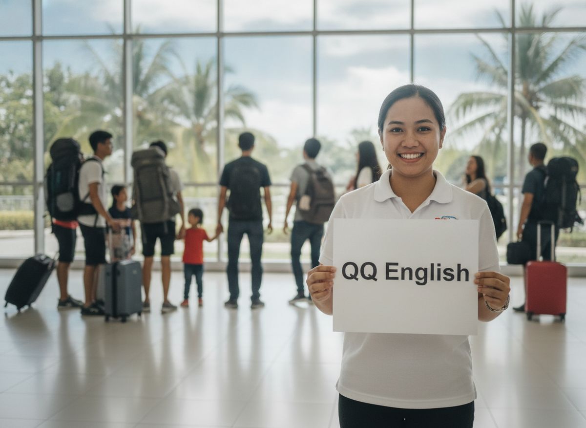 A staff member meeting a student at the airport with a QQ English sign