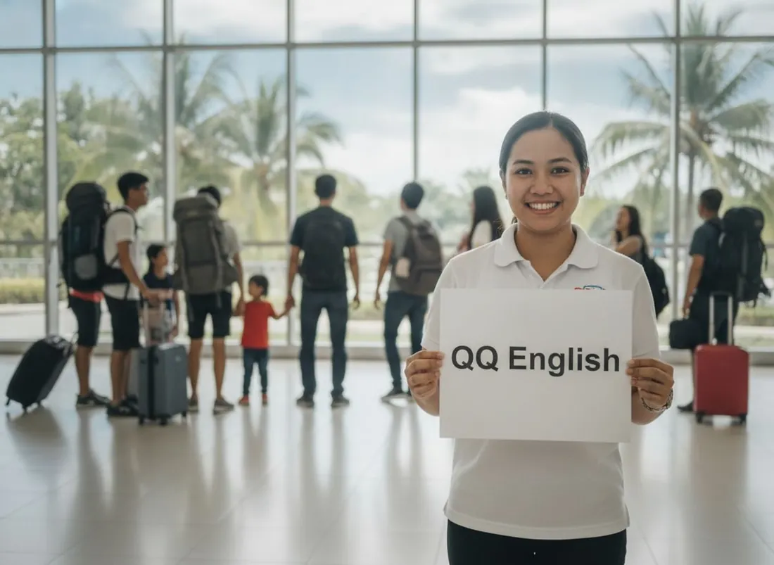 A staff member meeting a student at the airport with a QQ English sign