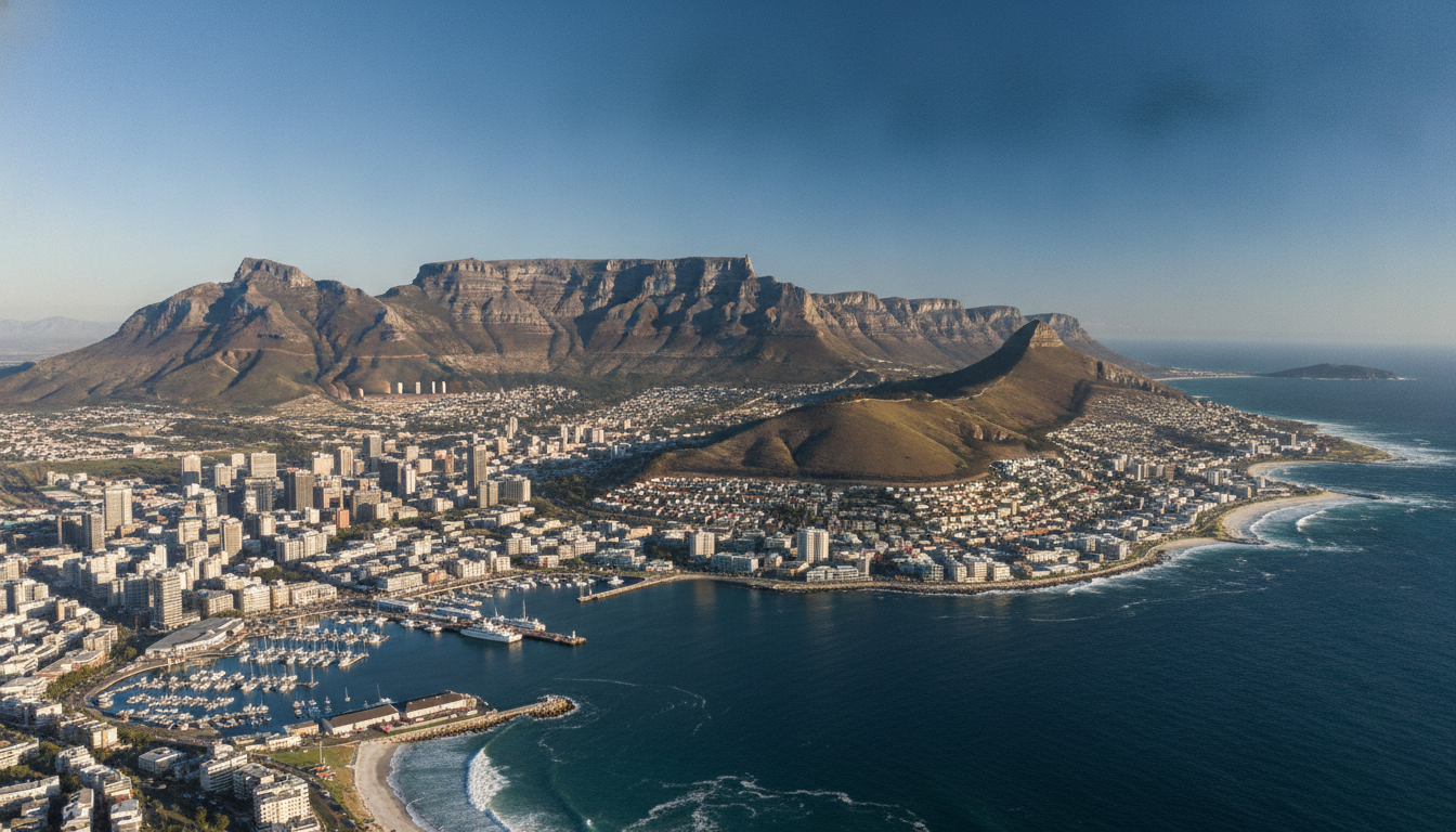 Cape Town with Table Mountain behind the city and ocean