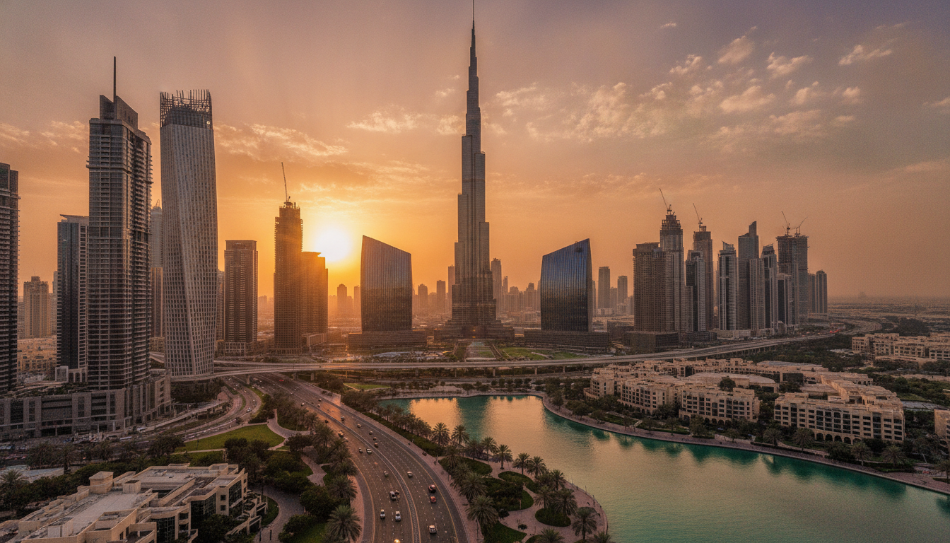Dubai skyline with the Burj Khalifa at golden hour