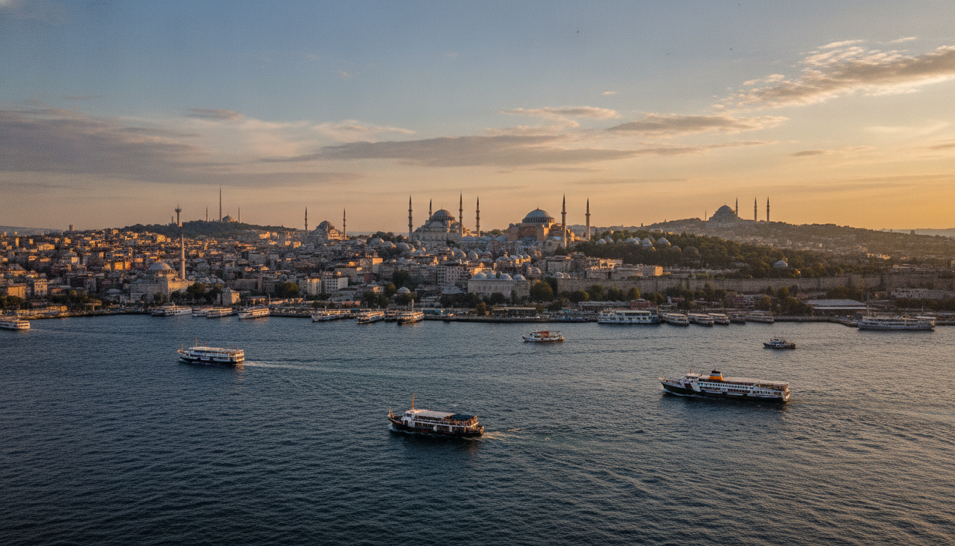 Istanbul Turkey skyline with historic mosques at sunset