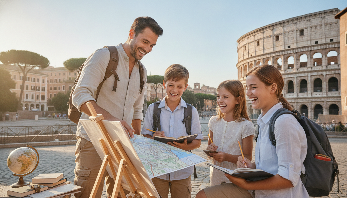 A cheerful family on a study-travel trip