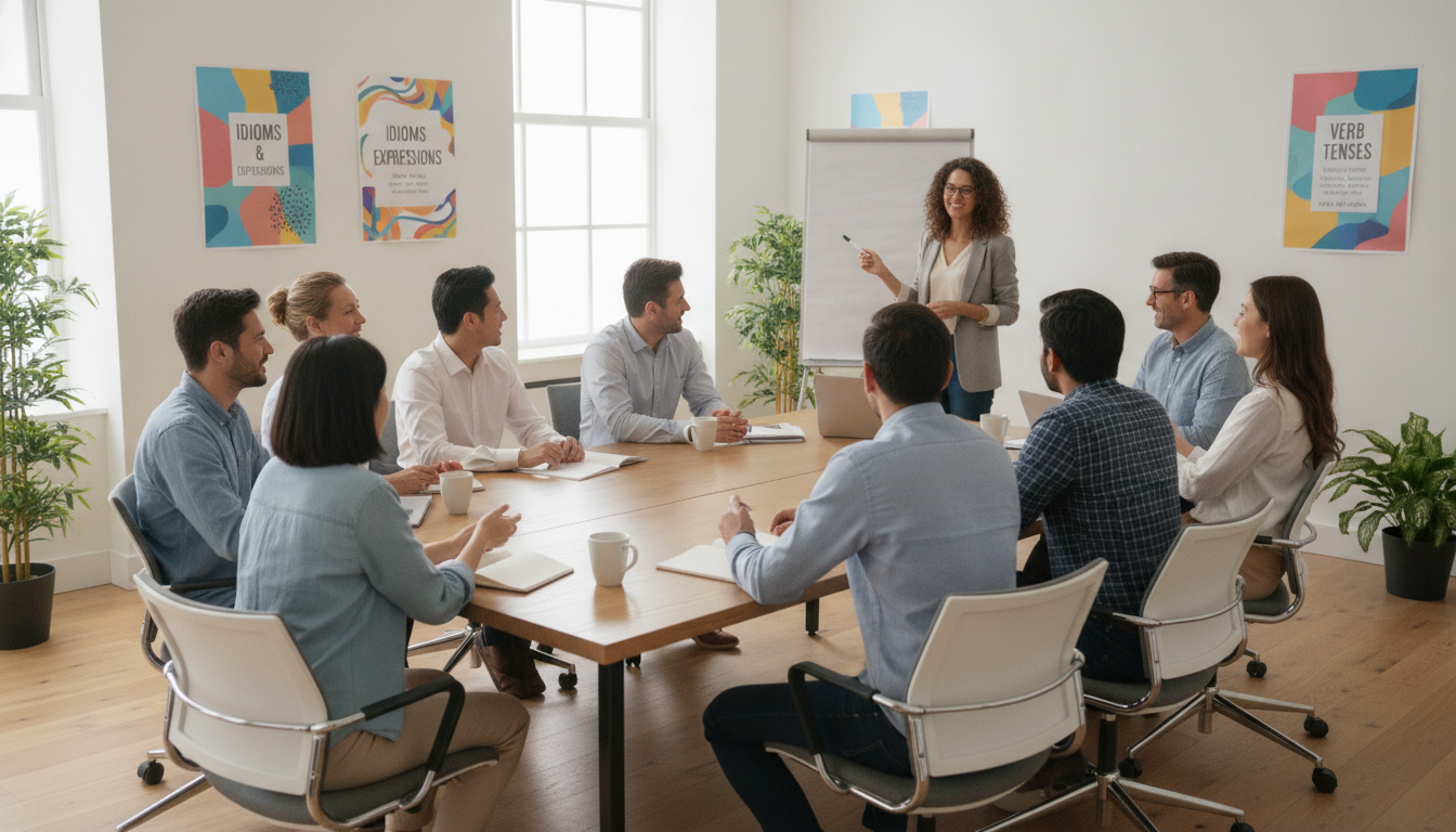 A diverse group in an English classroom