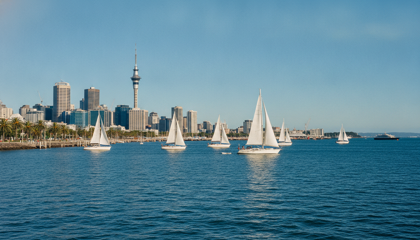 Auckland New Zealand waterfront skyline with sailboats