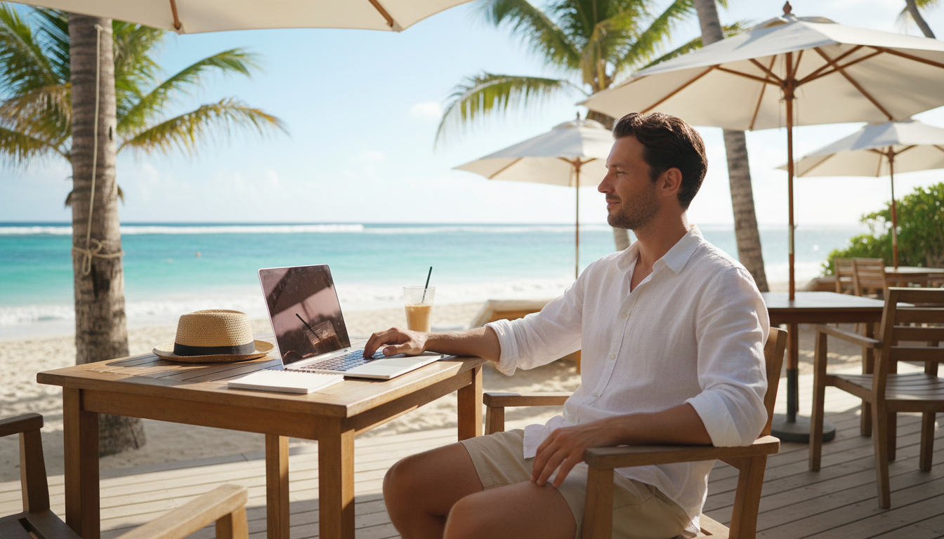 A digital nomad working at a beach cafe