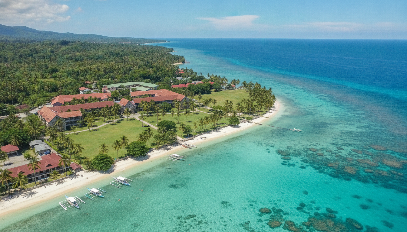 Seaside English school campus on a tropical Philippine island