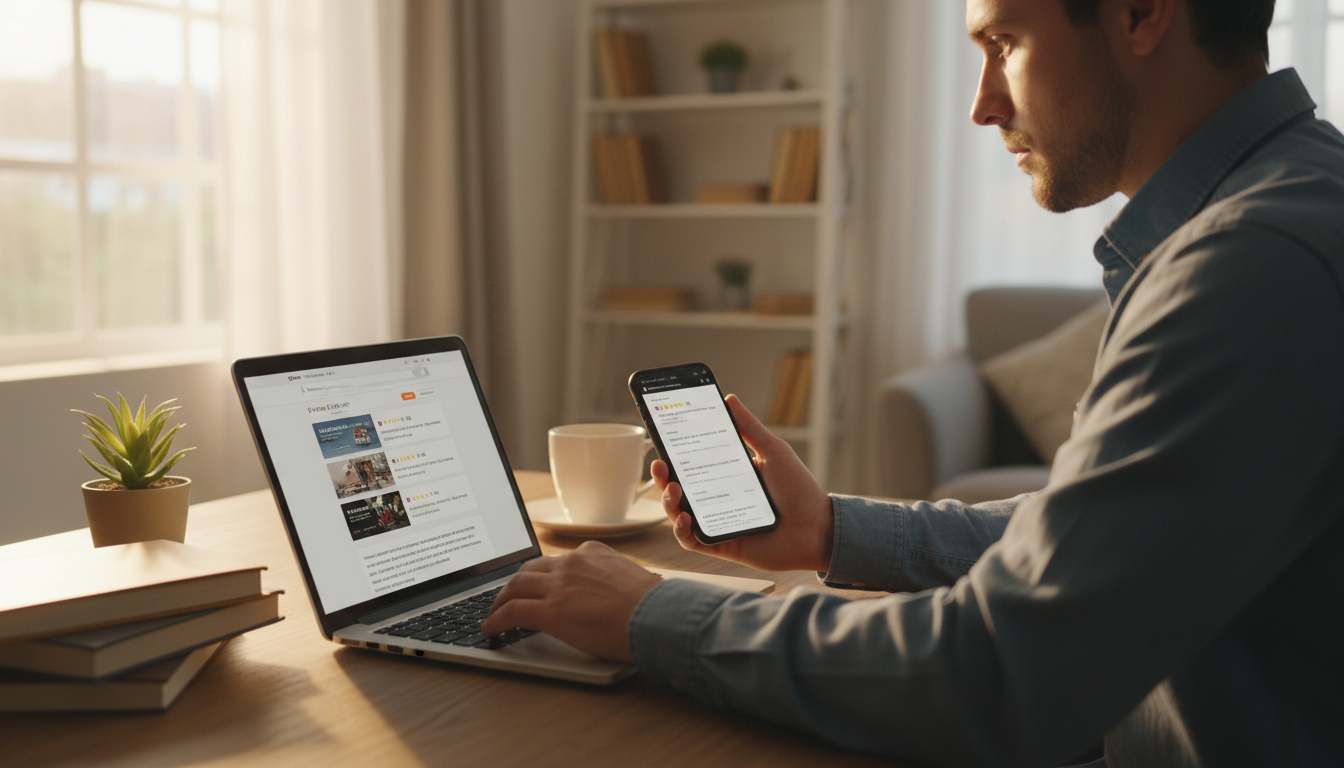 Comparing reviews on a laptop and phone