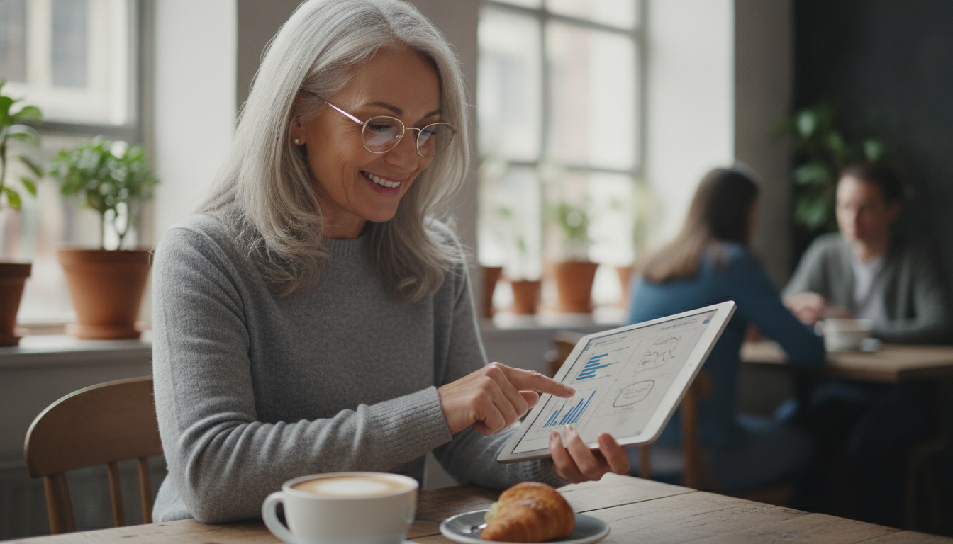 An active older adult studying with a tablet