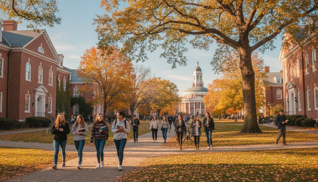 American university campus with red-brick buildings and students