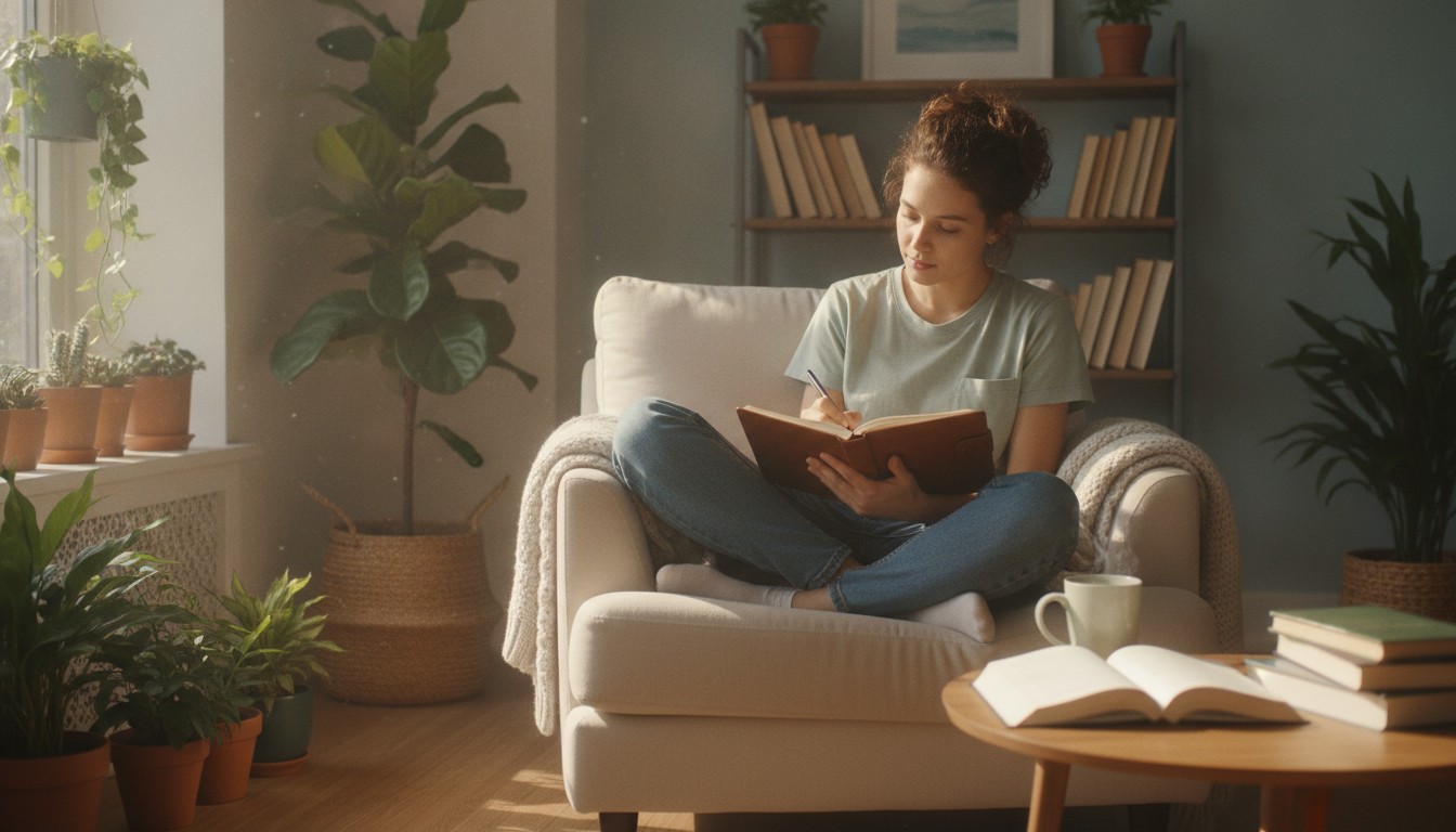 A relaxed student journaling in a sunlit room