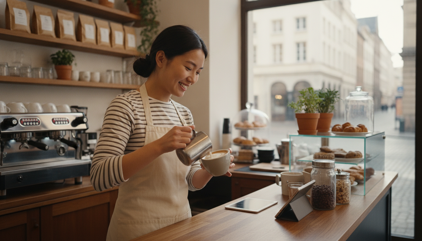 International student working part-time in a cafe