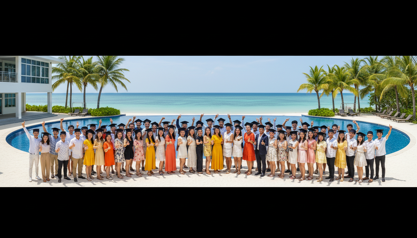Multinational graduates celebrating together by the pool on a tropical beach