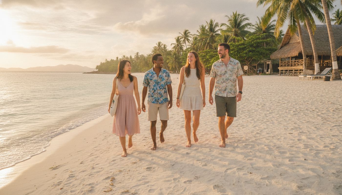 Students on the beach near the school